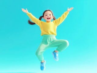 Obraz premium Happy young girl in bright colors, smiling and jumping for joy against a colorful background. Activewear emphasizes fitness and sports clothing.