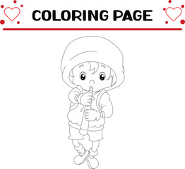 cute boy blows musical instrument coloring page for kids