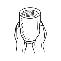 Hands holding cup of coffee, with steam in black isolated on white background. Hand drawn vector sketch illustration in doodle engraved vintage line art style. Cafe, ready to go, take and go