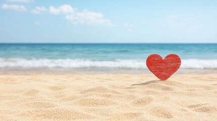 Fototapeta premium Red wooden heart standing on sandy beach with sea and blue sky in background