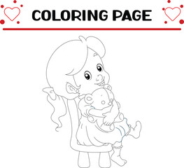 little girl is holding doll coloring page for kids