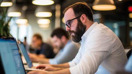 Team Collaboration in Open Plan Office with Laptops