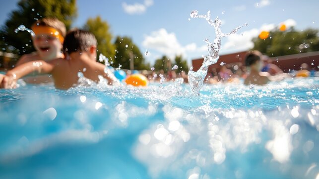 Kids enjoying a sunny day splashing in the pool at summer camp - Powered by Adobe