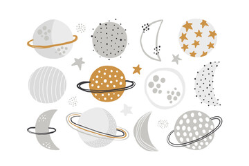 Vector illustration of cute planets and stars. Saturn, Moon. Hand drawn illustration of Universe for kids. Cosmos elements isolated on white background.  Space adventure. Baby boy. Scandinavian.