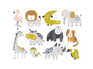 Vector illustration of cute tropical African animals for kids. Cute cartoon animal characters. Safari. Lion, flamingo, crocodile, elephant, giraffe, hippo, gorilla, tiger, snake, rhino, toucan.
