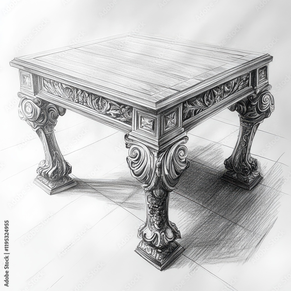 Poster intricate wooden table with detailed carvings showcasing craftsmanship and design in a neutral setti