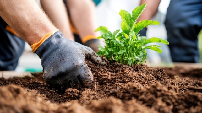 Gardening hands working together to plant fresh greenery at a community event