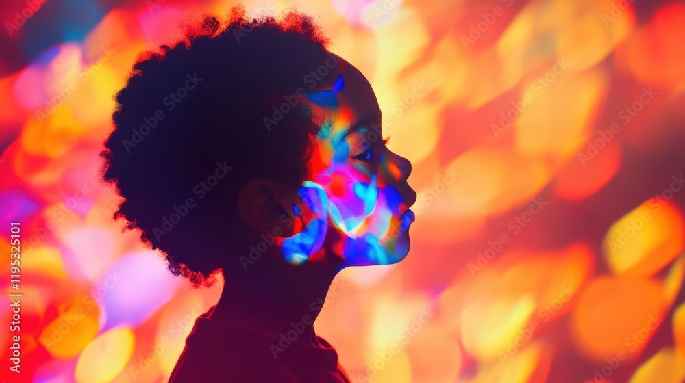 Fototapete vibrant and colorful visualization of a child glowing in playful light patterns during a creative in