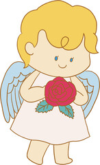 Valentine's Day elements in hand drawn kawaii cute  style. Set includes cupids, roses, hearts, arrow,gift and a gentleman. Cute characters