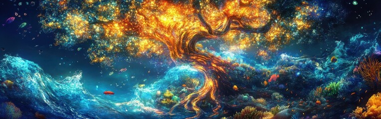 Vibrant visualization of a glowing tree surrounded by colorful marine life and enchanting waves at twilight