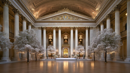 Fototapeta premium Grand Hall with Decorated Trees: An architectural masterpiece, a majestic grand hall adorned with exquisite, white decorative trees, creating a breathtakingly beautiful ambiance.