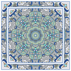  Hand drawn artistic background. Seamless pattern with ornate frame border, doodle floral ornament. Bandana shawl, tablecloth fabric print, silk neck scarf, kerchief design. Vector illustration