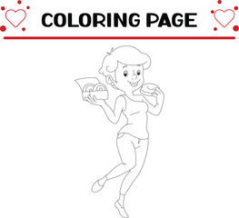 happy young girl is eating doughnut coloring page for kids