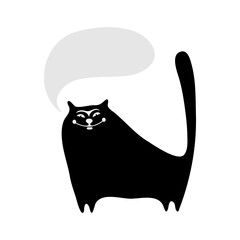 Doodle black cat with chat cloud. Cartoon sketch cat with talking bubble. Domestic animal illustration. Silhouette graphic sign symbol. Linear style for mobile concept and web, tattoo or logo design