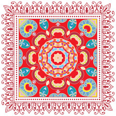 Decorative doodle ornament, symmetric pattern with lace frame. Tribal ethnic mandala decor. Bandana shawl, hijab, tablecloth fabric print, silk neck scarf, kerchief design. Colorful vector background