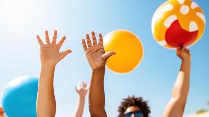 Joyful participants celebrate summer with colorful beach balls in hand