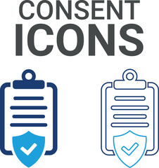 Consent icon. It contains accept, certified, thumbs up, agreement, approve, validation, seal approved, confirmation, and decision icons. Solid icon set. Vector illustration.