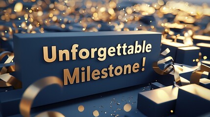 Golden ribbons enhance a 'Unforgettable Milestone!' celebration setup.
