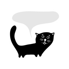 Doodle black cat with chat cloud. Cartoon sketch cat with talking bubble. Domestic animal illustration. Silhouette graphic sign symbol. Linear style for mobile concept and web, tattoo or logo design