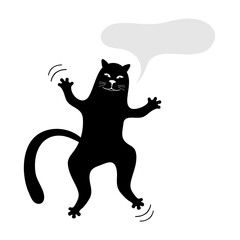 Doodle black cat with chat cloud. Cartoon sketch cat with talking bubble. Domestic animal illustration. Silhouette graphic sign symbol. Linear style for mobile concept and web, tattoo or logo design