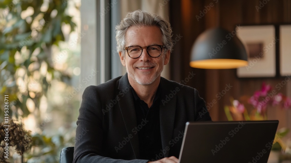 Aufkleber sophisticated workspace with a smiling professional in a modern office setting during daylight