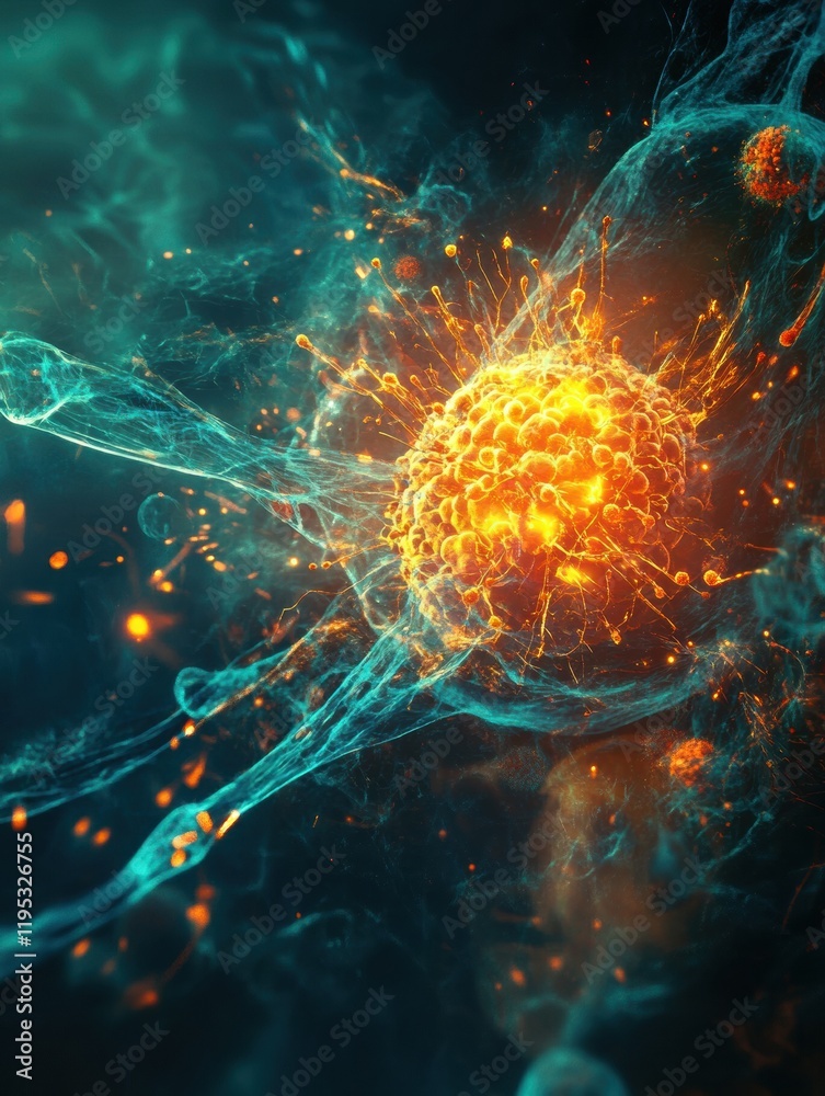 Poster human cell under magnification facing an aggressive viral attack with intense lighting effects. gene