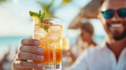 Refreshing cocktails enjoyed at a tropical beach bar during sunset