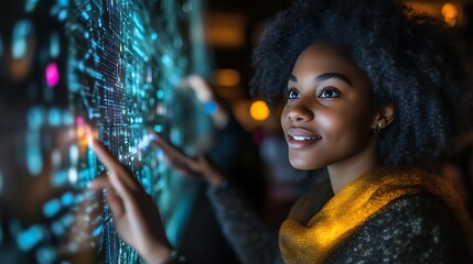 Woman interacts with futuristic digital display.