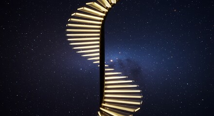 Fototapeta premium Cosmic spiral staircase illuminated glowing stairs against a night sky full of stars. Modern architectural design.