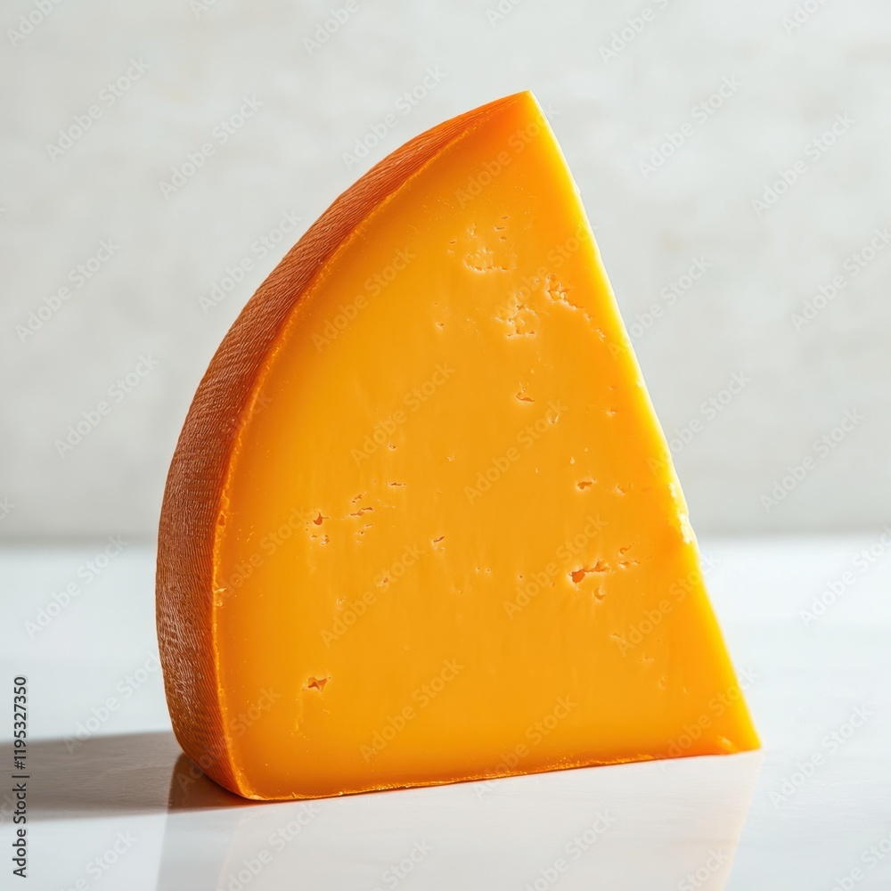 Poster Slice of cheddar cheese with vibrant color on a minimal surface showcasing its rich texture and appealing appearance