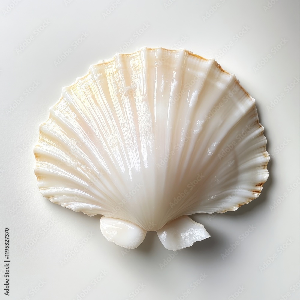 Poster unique translucent white scallop shell resting on a smooth surface highlighting its intricate patter