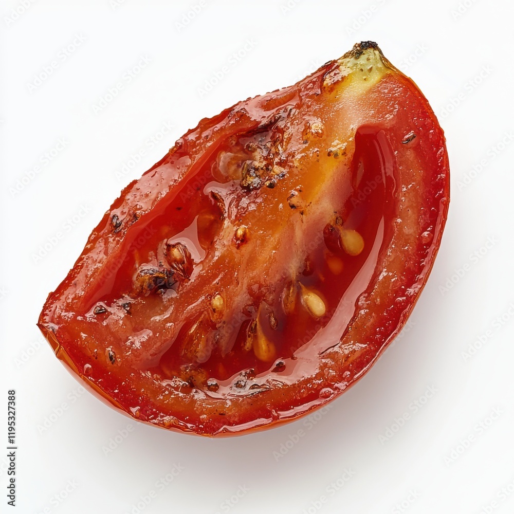 Poster roasted tomato wedge with caramelized edges highlighting vibrant color and texture