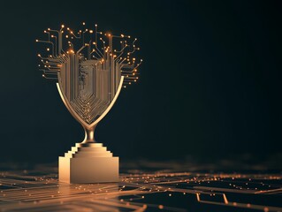 Glowing Data Lines Trophy on Microchip - Futuristic Digital Achievement Symbol, Photorealistic Design