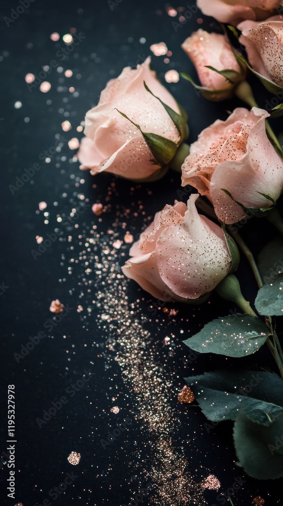 Poster Roses sprinkled with glitter against a shimmering dark backdrop create a captivating, elegant display for any occasion