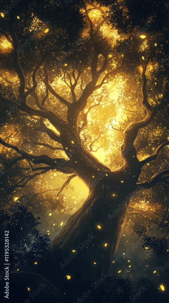 Poster mesmerizing silhouette of a glowing tree under a starlit sky in an enchanted forest