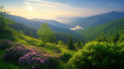Fototapeta premium Serene spring morning in the mountains with blooming flowers and distant mist