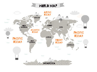 Vector world map for kids with cute cartoon planes and air balloons. Children's map design for wallpaper, kid's room, wall art. America, Europa, Asia, Africa, Australia, Arctica. Vector illustration. © ZHUKO