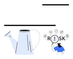 Woman examining RISK with a magnifying glass next to a watering can, linked with finance, growth, strategy, innovation. Ideal for risk analysis, planning, research themes, abstract line flat metaphor
