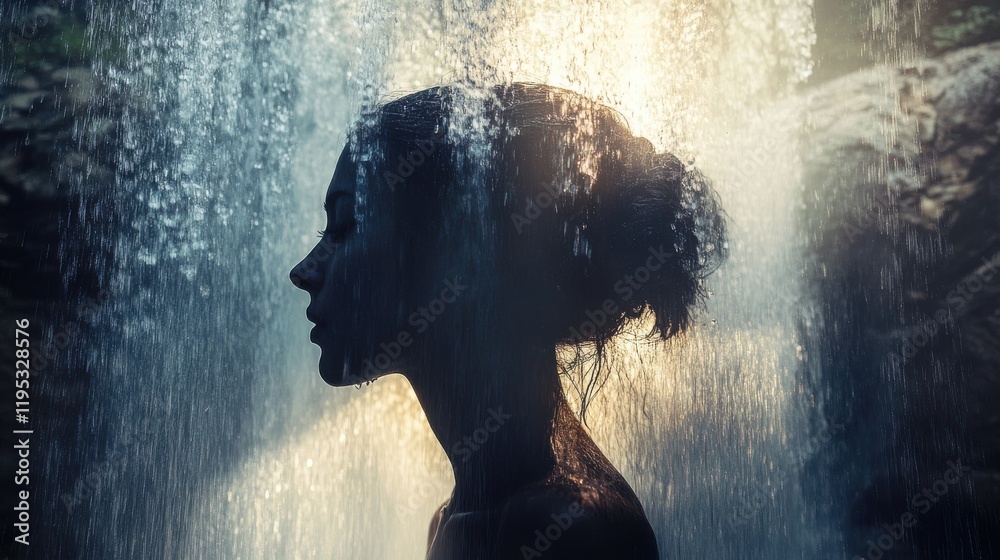 Poster woman illuminated by cascading water in a tranquil setting during the golden hour