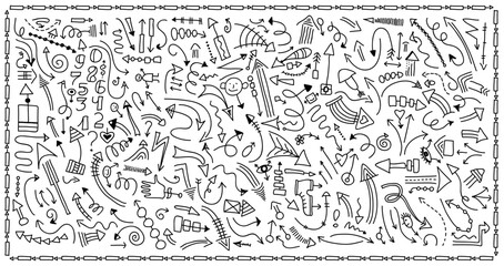 Fototapeta premium Mega set of doodle arrows, digits, and design elements. Isolated black signs, shapes on white background. Hand drawn symbols collection. Vector illustration