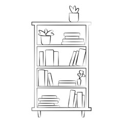 Bookshelf concept illustration. A lot of books on the shelf and plants