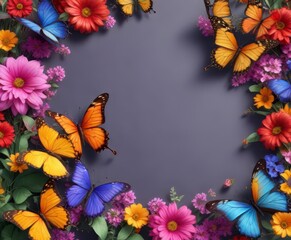 Vibrant colorful border with butterflies and flowers,  flowers,  greenery,  nature