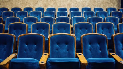 Fototapeta premium Rows of empty blue theater seats with wooden armrests in auditorium