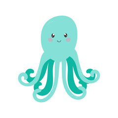 Cute green octopus in simple flat style for you design, logo or label
