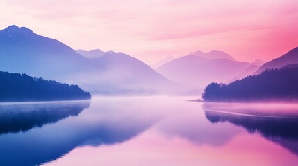 Obraz premium Idyllic river valley at sunrise with misty hills and serene pastel sky in a tranquil natural landscape