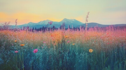 Polished double exposure capturing vibrant open meadows with distant mountains at sunset