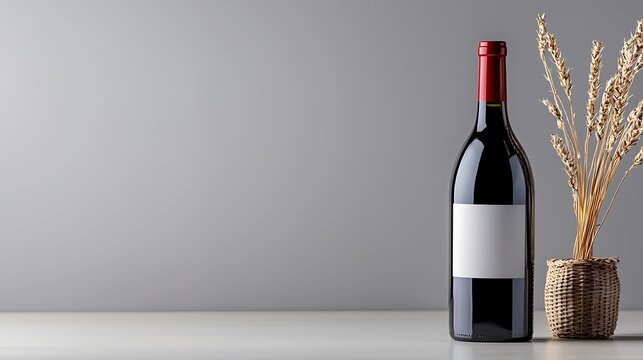 Elegant Red Wine Bottle Mockup with Blank Label and Dried Flowers