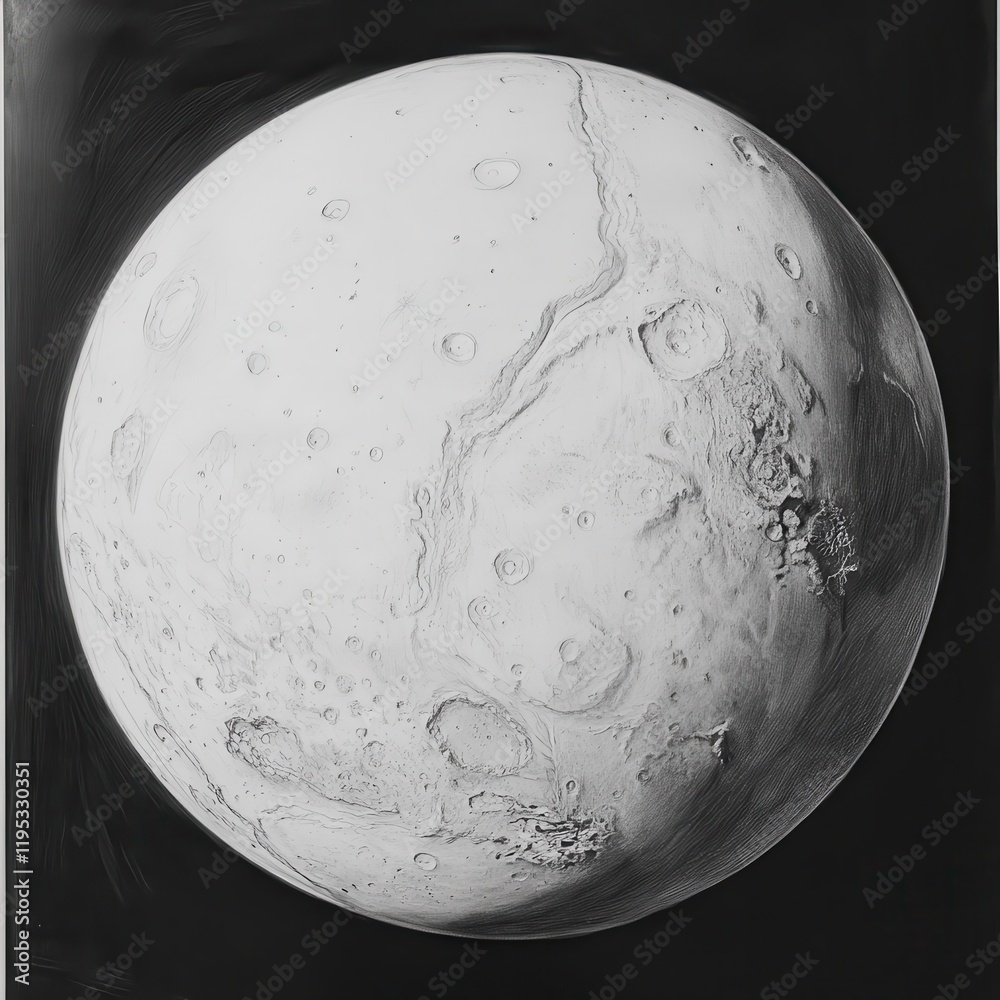 Poster Pencil rendering of Mars showcasing its polar ice caps and surface features in intricate detail