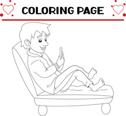 young man is playing hand phone coloring page for kids