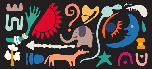 Hand drawn abstract background. Big set of doodle objects, various colorful shapes and lines. Isolated design elements.  Contemporary modern trendy vector illustration